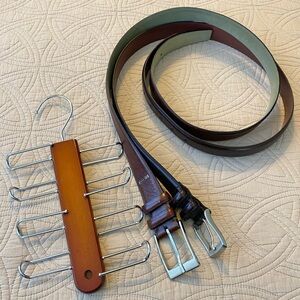 36/90 Brown Leather Belt Set - 2 Belts, 1 Belt/Tie Hanger